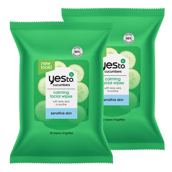 Picture of Yes To Face Wipes for Women and Men, Sensitive Facial Cleansing Wipes for use as a Make Up Remover, Cleaning, Soothing, Cucumbers Aloe Vera (Pack of 2)