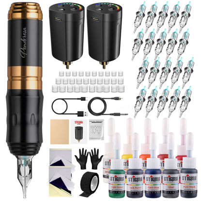 Picture of STIGMA Cordless Tattoo Gun Tattoo Kit Complete with Pro Tattoo Pen, 2 Tattoo Batteries, 20 Tattoo Cartridge Needles,Tattoo Ink Color Set, Full Tattoo Accessories STP35TI4002-9 (Multicolor)