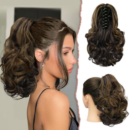Picture of SOFEIYAN Ponytail Extension 11 inch Claw Clip Ponytail Hair Extensions Long Curly Wavy Ponytail Fluffy Clip on Pony Tails Synthetic Hairpiece for Women，Dark Brown/Golden Auburn