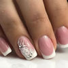 Picture of French Tip Press on Nails Short Square Fake Nails Pink Full Cover Acrylic False Nails with Rose Flower&Rhinestones Designs Cute Glue on Nails Gloss Artificial Stick on Nails for Women