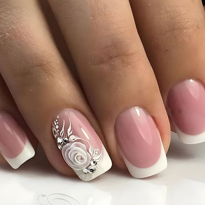 Picture of French Tip Press on Nails Short Square Fake Nails Pink Full Cover Acrylic False Nails with Rose Flower&Rhinestones Designs Cute Glue on Nails Gloss Artificial Stick on Nails for Women