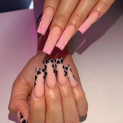 Picture of SINSEN Heart Press on Nails Long Square Shape Fake Nails Valentines French Tip Press on Nails Black Pink Hearts Glue on Nails Full Cover Acrylic Nails Valentine’s Day Nail Art Decorations for Women