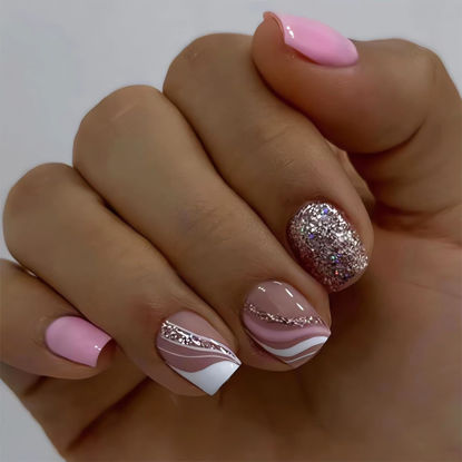 Picture of SINSEN Short Press on Nails Square Shape - French Stripes Press on Nails, Glossy Pink Fake Nails with Adhesive Glue Stickers, Full Cover Stick on Nails in 12 Sizes, 24Pcs Short Square False Nail Tips