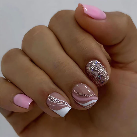 Picture of SINSEN Short Press on Nails Square Shape - French Stripes Press on Nails, Glossy Pink Fake Nails with Adhesive Glue Stickers, Full Cover Stick on Nails in 12 Sizes, 24Pcs Short Square False Nail Tips