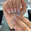 Picture of SINSEN French Tip Press on Nails Medium Square Fake Nails Glossy Blue Glitter Heart Glue on Nails White French False Nail Tips Cute Medium Artificial Nails for DIY Manicure Decorations, 24Pcs