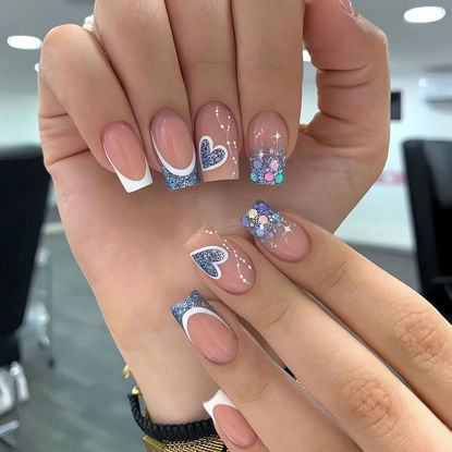 Picture of SINSEN French Tip Press on Nails Medium Square Fake Nails Glossy Blue Glitter Heart Glue on Nails White French False Nail Tips Cute Medium Artificial Nails for DIY Manicure Decorations, 24Pcs