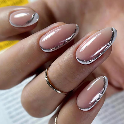 Picture of SINSEN French Tip Press on Nails Medium - Silver White Press on Nails Almond, Glossy Pink Fake Nails with Adhesive Glue Stickers, Reusable Stick on Nails in 12 Sizes, 24 Pcs Medium Almond Nails