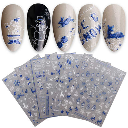 Picture of JMEOWIO 9 Sheets Christmas Glitter Nail Art Stickers Decals Self-Adhesive Pegatinas Uñas Snowflake Xmas Winter Holiday Blue White Nail Supplies Nail Art Design Decoration Accessories