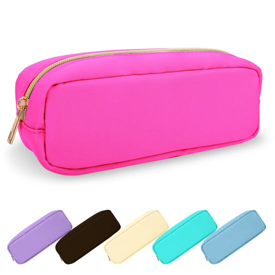 Picture of UIXIZQ Waterproof Small Pencil Case Makeup Bag for Purse,Cute Pencil Pouch Preppy Nylon Makeup Brush Holder with Zipper,Girls Portable Storage Case Small Pen Bag for Office College(Slim-Hot Pink)