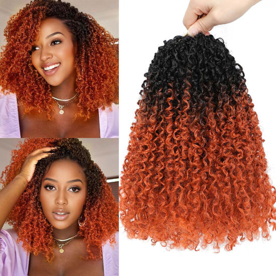 Picture of Aksice 10 Inch 8 Packs Yanky Twist Crochet Hair for Women Pre-looped Mini Twist Hair Bohemian Passion Twist Crochet Hair Boho Crochet Braids Synthetic (1B/Pumpkin)
