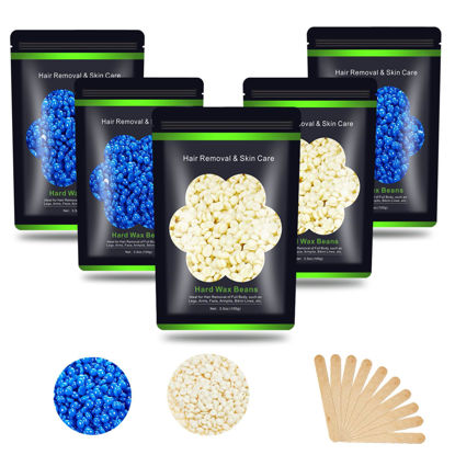 Picture of Auperwel Wax Beads for Hair Removal 1.1 lb (17.6 oz), Hard Wax Beads for Sensitive Skin - Brazilian, Face, Bikini, Legs, Eyebrow, Painless Waxing Beads Kit for Women Men, 5 Packs with 10 Wax Sticks