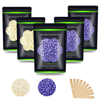 Picture of Auperwel Wax Beads for Hair Removal 1.1 lb (17.6 oz), Hard Wax Beads for Sensitive Skin - Brazilian, Face, Bikini, Legs, Eyebrow, Painless Waxing Beads Kit for Women Men, 5 Packs with 10 Wax Sticks