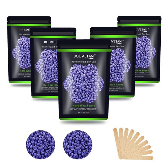 Picture of Auperwel Wax Beads for Hair Removal 1.1 lb (17.6 oz), Hard Wax Beads for Sensitive Skin - Brazilian, Face, Bikini, Legs, Eyebrow, Painless Waxing Beads Kit for Women Men, 5 Packs with 10 Wax Sticks