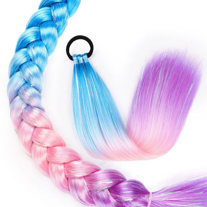 Picture of Ponytail Extension 18 inch Light Blue to Pink to PurpleColored Hair Extensions for Braiding Ombre Pony Tail Hair Extensions for Braids with Hair Tie Rave Crazy Hair Day 1 Pack