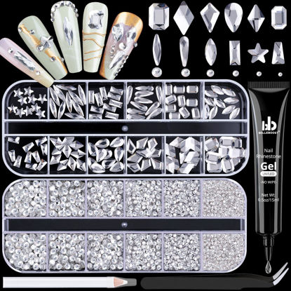 Picture of 3220Pcs Silver Clear Nail Rhinestones 120Pcs Multi Shapes Glass Flatback Nail Gems + 3100Pcs 1.5-4mm Round Crystal with Rhinestones Glue Gel, Manicure Nail Charms Diamond Gemstones for Nail Art