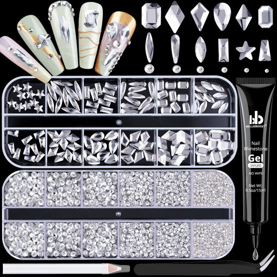 Picture of 3220Pcs Silver Clear Nail Rhinestones 120Pcs Multi Shapes Glass Flatback Nail Gems + 3100Pcs 1.5-4mm Round Crystal with Rhinestones Glue Gel, Manicure Nail Charms Diamond Gemstones for Nail Art