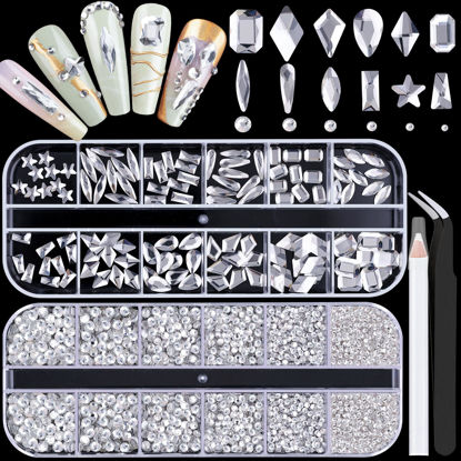 Picture of 3220Pcs Clear Glass Nail Rhinestones 120Pcs Multi Shapes Flatback Gems Crystal + 3100Pcs 1.5-4mm Round Beads, Manicure Diomand Jewelry Gemstones for Nail Design Makeup Acrylic Nails Decoration