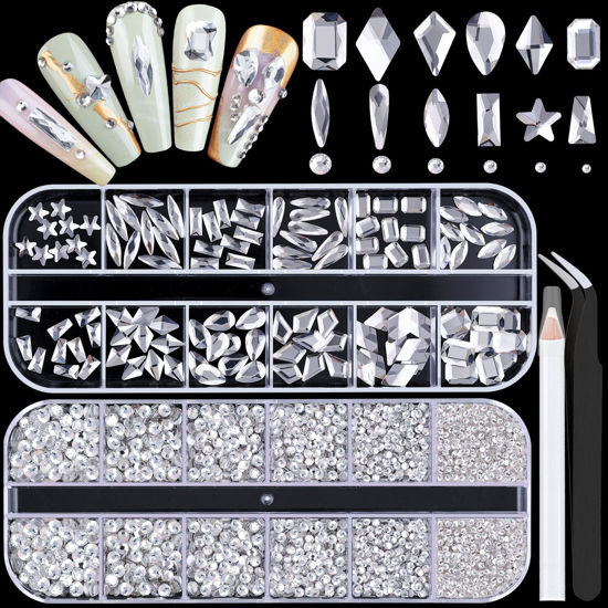 Picture of 3220Pcs Clear Glass Nail Rhinestones 120Pcs Multi Shapes Flatback Gems Crystal + 3100Pcs 1.5-4mm Round Beads, Manicure Diomand Jewelry Gemstones for Nail Design Makeup Acrylic Nails Decoration