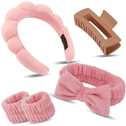 Picture of Canitor Spa Headband Wrist Bands Set with Hair Clips Skincare Headband for Washing Face Skin Care Puffy Makeup Headband Preppy Teen Girl Gifts Cute Trendy Stuff Hair Accessories for Women