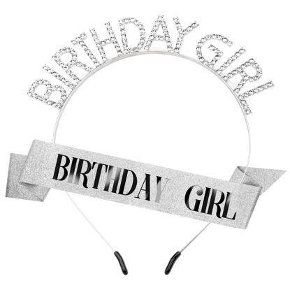 Picture of Birthday Sash Birthday Crown for Women, Birthday Girl Sash, Birthday Girl Crown, Glitter Silver Birthday Sash and Crown Rhinestone Headband Set, Happy Birthday Girl Princess Tiara Sash Accessories