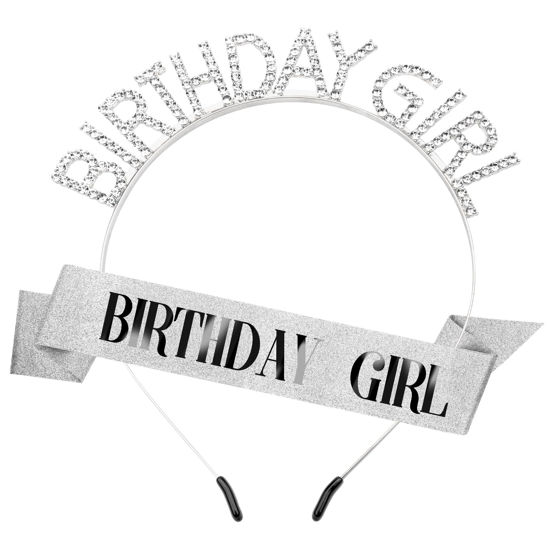 Picture of Birthday Sash Birthday Crown for Women, Birthday Girl Sash, Birthday Girl Crown, Glitter Silver Birthday Sash and Crown Rhinestone Headband Set, Happy Birthday Girl Princess Tiara Sash Accessories