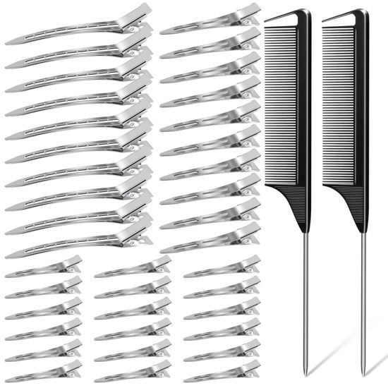 Picture of 3 Sizes Metal Hair Styling Clips 70PCS, MORGLES No Crease Alligator Clips for Hair Rollers with 2pcs Parting Comb for Braids, Coloring and Styling