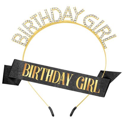 Picture of Birthday Sash Birthday Crown for Women, Birthday Girl Sash, Birthday Girl Crown, Glitter Black Birthday Sash and Crown Rhinestone Headband Set, Happy Birthday Girl Princess Tiara Sash Accessories