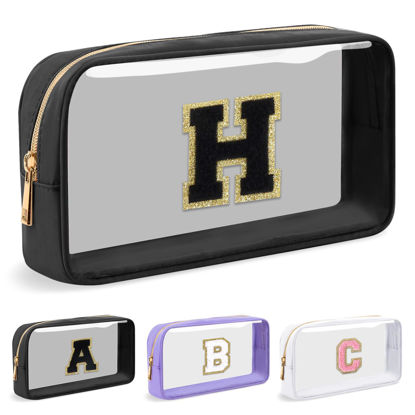 Picture of UIXIZQ Personalized Initial Letter Clear Makeup Bag,Preppy Small Nylon&PVC Cosmetic Zipper Bag with Chenille Letter,Travel Skincare Toiletry Bag,Monogram Pencil Case Pouch Gift for Teen Girls Women,H