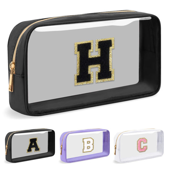 Picture of UIXIZQ Personalized Initial Letter Clear Makeup Bag,Preppy Small Nylon&PVC Cosmetic Zipper Bag with Chenille Letter,Travel Skincare Toiletry Bag,Monogram Pencil Case Pouch Gift for Teen Girls Women,H
