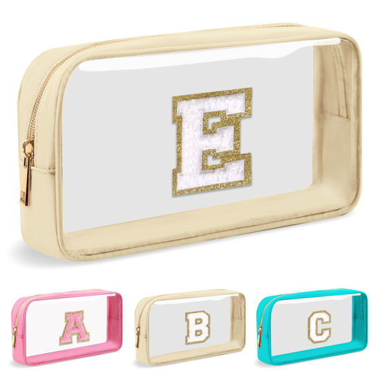 Picture of Personalized Initial Letter Clear Makeup Bag,Preppy Small Nylon&PVC Cosmetic Zipper Bag with Chenille Letter,Portable Beach Travel Skincare Toiletry Bag,Trendy Monogram Gift for Teen Girls Women,E