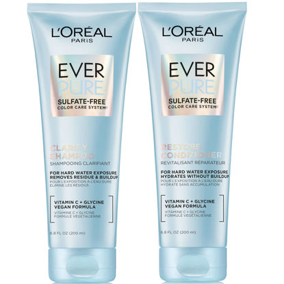 Picture of L'Oreal Paris Clarify and Restore Sulfate Free Shampoo and Conditioner Set with Antioxidants for Hard Water Exposure and Styling Build-up, EverPure, 1 Hair Care Kit