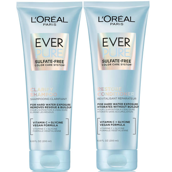 Picture of L'Oreal Paris Clarify and Restore Sulfate Free Shampoo and Conditioner Set with Antioxidants for Hard Water Exposure and Styling Build-up, EverPure, 1 Hair Care Kit
