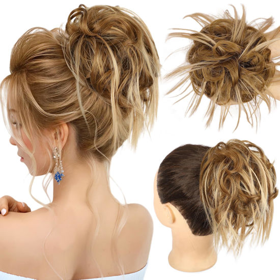 Picture of HMD Tousled Updo Messy Bun Hairpiece Hair Extension Ponytail with Elastic Rubber Band Updo Ponytail Hairpiece Synthetic Hair Extensions Scrunchies Ponytail Hairpieces for Women(27H22)
