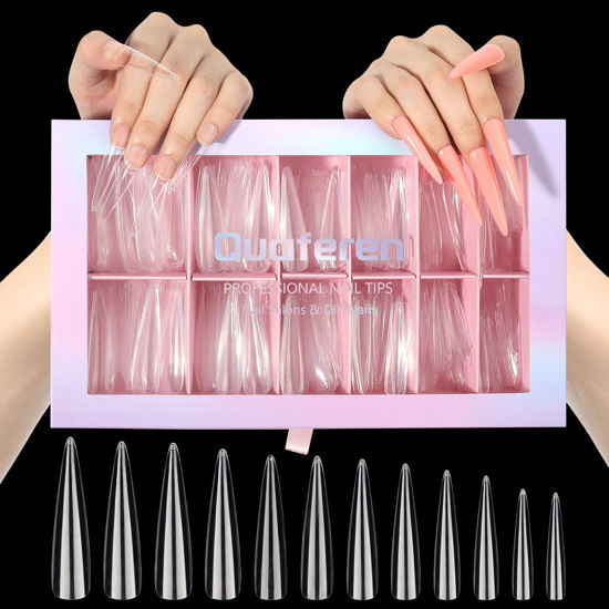 Picture of Clear Long Stiletto Nail Tips, 504PCS XXXL Extra Long Stiletto Fake Acrylic Nails, Full Cover Soft Gel C Curve Nail Tips False Nail Extension Tips for Manicure Salon DIY Nail Art 12 Sizes