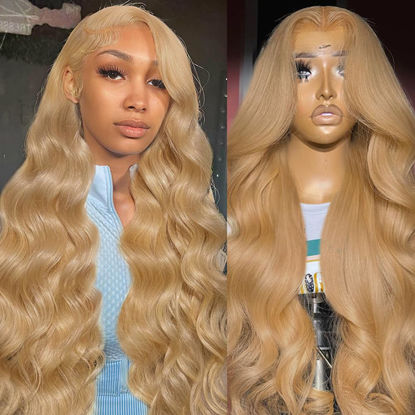 Picture of KeaBalo Honey Blonde Lace Front Wigs Human Hair Pre Plucked 13x4 Blonde Body Wave Hd Lace Front Wigs Human Hair 180% Density #27 Colored Frontal Wigs Human Hair Wigs 32 Inch