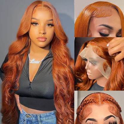 Picture of KeaBalo Ginger Orange Lace Front Wigs Human Hair Pre Plucked with Baby Hair Body Wave 13x4 HD Lace Frontal Wigs Human Hair Colored 180% Density Brazilian 88J Wigs for Women 30 Inch