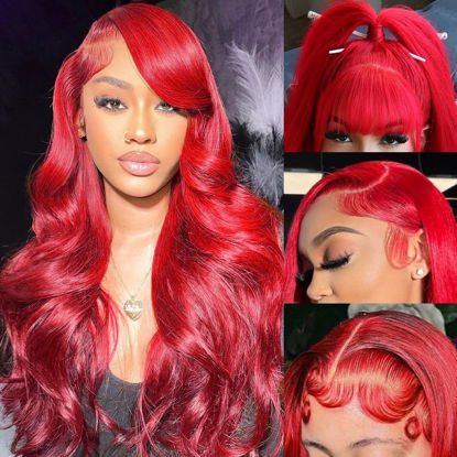 Picture of Red Lace Front Wigs Human Hair Pre Plucked 13x4 Body Wave Colored Red Human Hair Wig Hd Lace Frontal Wigs Human Hair 180% Density Glueless Wigs Human Hair 24 Inch