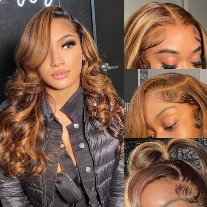 Picture of KeaBalo Highlight Ombre Lace Front Wigs Human Hair Pre Plucked with Baby Hair 13x4 Body Wave Frontal Wigs Human Hair 180% Density 4/27 Colored Honey Blonde Lace Front Wig Human Hair for Women 20 Inch