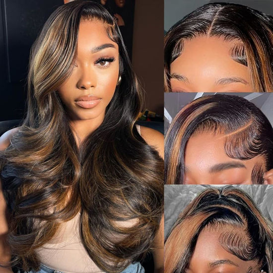 Picture of KeaBalo Ombre Lace Front Wig Human Hair 1B/30 Highlight Body Wave Lace Front Wigs Human Hair Pre Plucked 13x4 Hd Lace Frontal Colored Glueless Wigs Human Hair 180% Density 30Inch