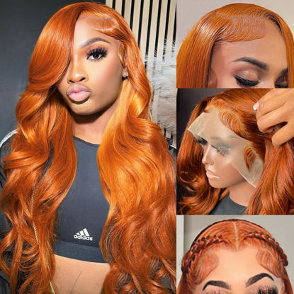 Picture of KeaBalo Ginger Orange Lace Front Wigs Human Hair Pre Plucked with Baby Hair Body Wave 13x4 HD Lace Frontal Wigs Human Hair Colored 180% Density Brazilian 88J Wigs for Women 24 Inch