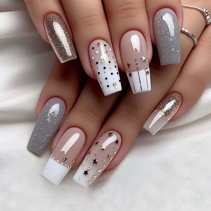 Picture of QQPPOLIU Nude Press on Nails Coffin Nails Press ons Long Press on Nails French Tip Fake Nails with Polka Dots Design False Nails for Women and Girls 24pcs