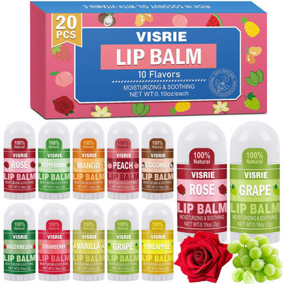 Picture of VISRIE Mini Lip Balm 20 Count, Lip Balm Bulk with Vitamin E & Coconut Oil, Moisturizing Lip Balm for Dry Cracked lips - 10 Flavors