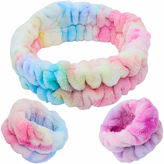 Picture of FROG SAC Spa Headband and Wristbands for Face Washing, Fuzzy Skincare Make Up Headbands Set for Women, Soft Puffy Makeup Skin Care Facewashing Hair Band Accessories for Girls (Rainbow Tie Dye)