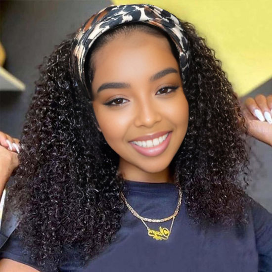Picture of Aiterina Headband Wig Human Hair Kinky Curly Curly Human Hair Wigs for Black Women Glueless Human Hair Wigs Full Wig Machine Made Brazilian Real Hair Wigs 150% Density Natural Colour 20 inch