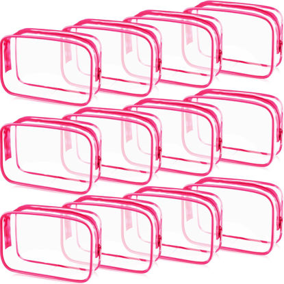 Picture of Weewooday 12 Pieces Clear Cosmetics Bag PVC Zippered Clear Toiletry Carry Pouch Cosmetic Makeup Bag Waterproof Makeup Bag Vinyl Plastic Organizer Case for Vacation Bathroom(Large,Rose Red)