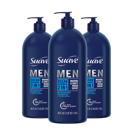 Picture of Suave Men Shampoo and Conditioner 2 in 1 Ocean Charge Refreshing, Cleanse and Conditions Hair, 40 oz Pack of 3