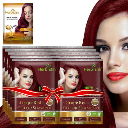 Picture of Herbishh Argan Hair Mask Shampoo - Natural Hair Dye for Gray Hair - Long-Lasting Color in Minutes - Travel Size - Ammonia-Free - 10+1 Pack (Grape Red)