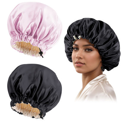 Picture of Satin Bonnet Silk Bonnet for Curly Hair Bonnet Braid Bonnet for Sleeping Bonnets for Women Large Double-Layer Adjustable(Black&Pink)