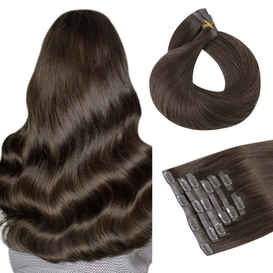 Picture of HOTBANANA Clip in Hair Extensions 16 inch 130g 7pcs Ombre Light Dark Brown Clip in Remy Human Hair Extensions Straight Hair Invisi Edge Clip Hair Full Head
