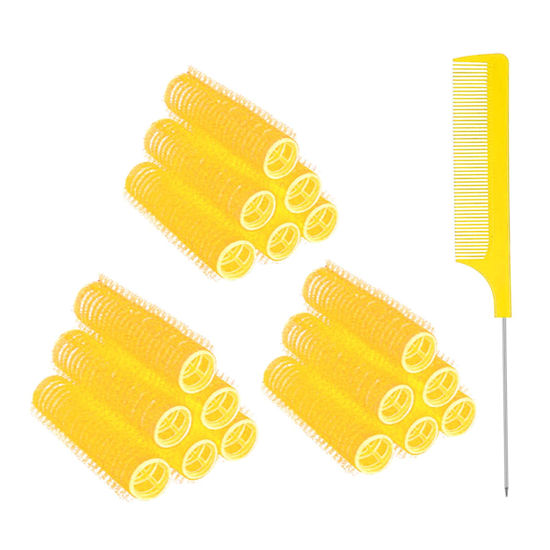 Picture of MOODKEY 18PCS Self Grip Small Hair Curlers Heatless Roller Hair Curlers Pro Salon Hairdressing Curler DIY Curly Hairstyle Hair Rollers Tools Rat Tail Comb for Women Medium Short Hair(Yellow)